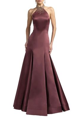 Mac Duggal Mac Duggal Beaded Satin Collared Neck Sleeveless Godet Gown