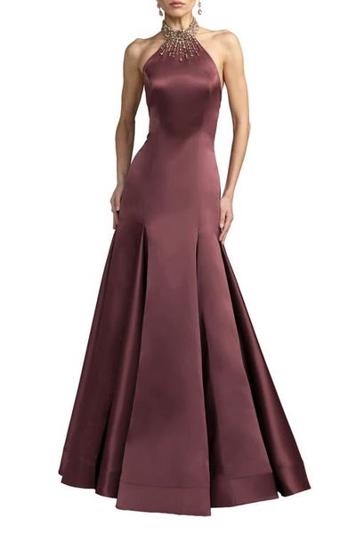 Mac Duggal Mac Duggal Beaded Satin Collared Neck Sleeveless Godet Gown