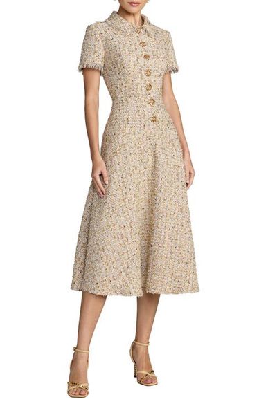Mac Duggal Mac Duggal Boucle Cap Sleeve Collared Neck A Line Midi Dress