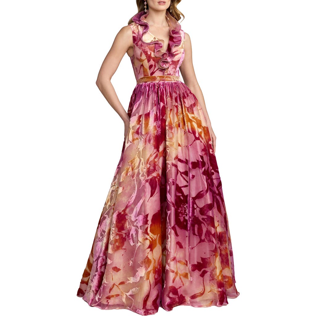 Mac Duggal Mac Duggal Burnout Organza Ruffle V Neck Detail Ballgown
