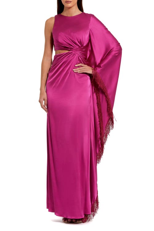 Mac Duggal Mac Duggal Charmeuse Kaftan Sleeve Assymetrical Fringe Gown