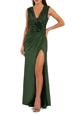 Mac Duggal Mac Duggal Charmeuse Plunge Neck Gown With 3D Flower