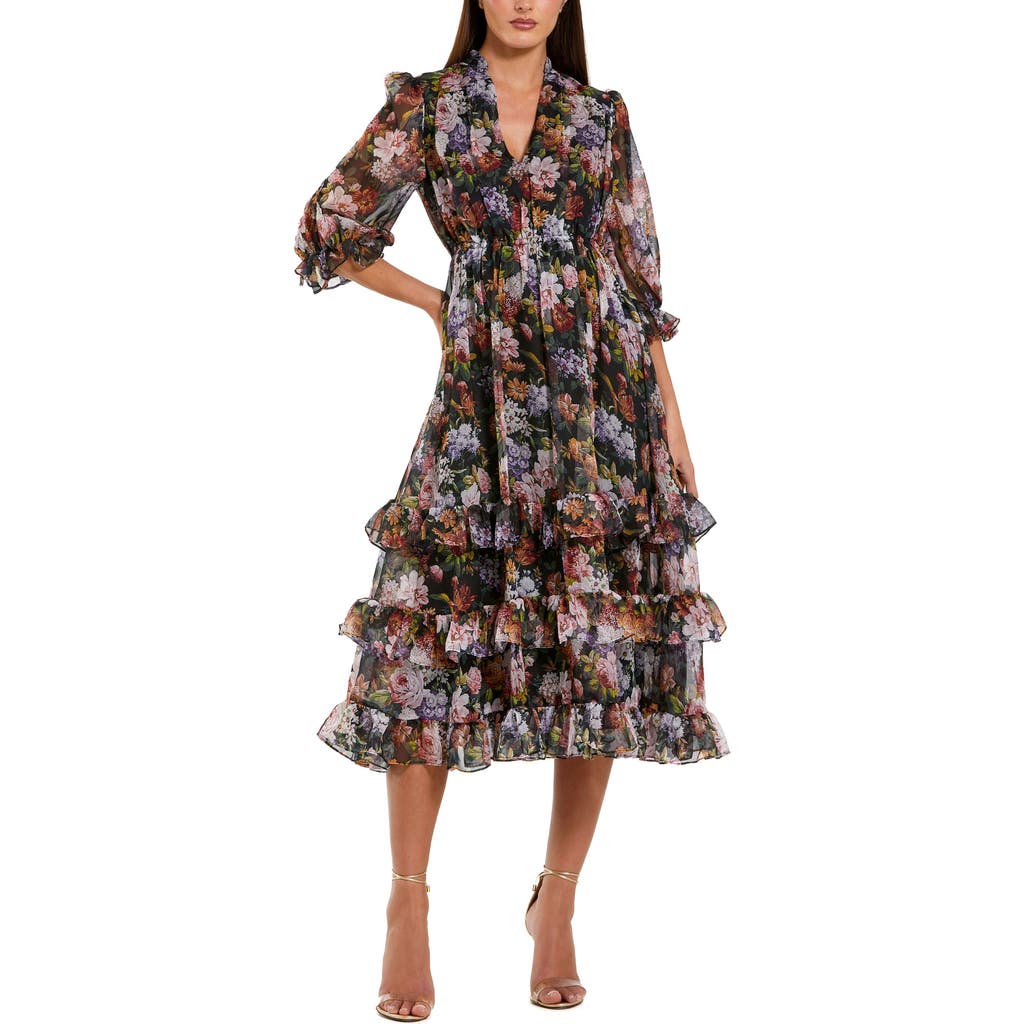 Mac Duggal Mac Duggal Chiffon 3/4 Sleeve A Line Midi Dress With Ruffles