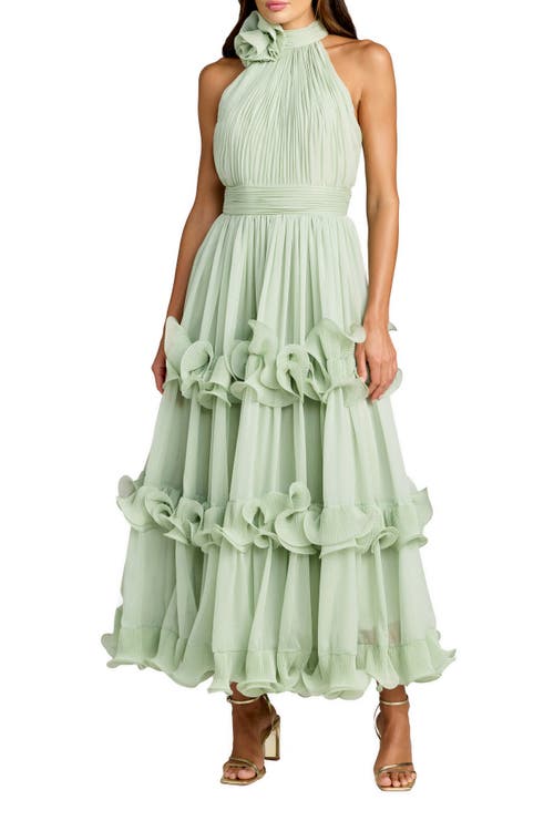 Mac Duggal Mac Duggal Chiffon Halter Neck Ruffle Midi Dress with Tiered Skirt