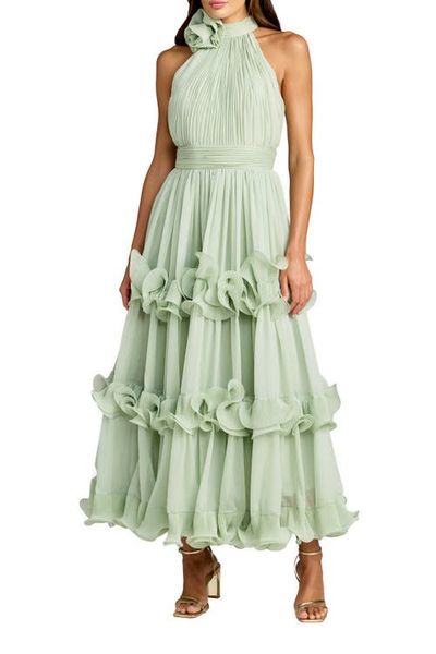 Mac Duggal Mac Duggal Chiffon Halter Neck Ruffle Midi Dress with Tiered Skirt