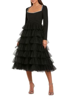 Mac Duggal Mac Duggal Crepe And Tulle Crystal Tiered Long Sleeve Ruffle Midi Dress