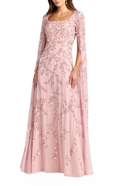 Mac Duggal Mac Duggal Embellished Cape Sleeve Mesh Maxi Gown