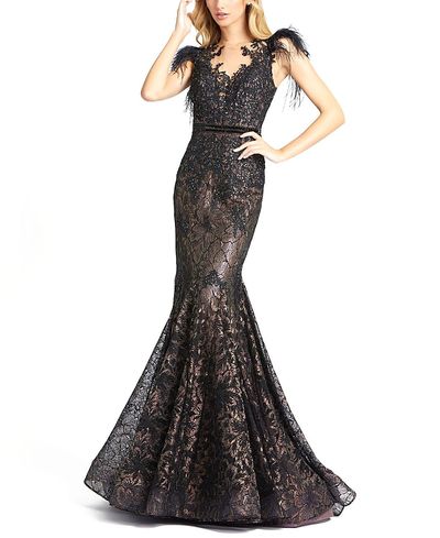 Mac Duggal Mac Duggal Embellished Feather Cap Sleeve Illusion Neck Trumpet Gown