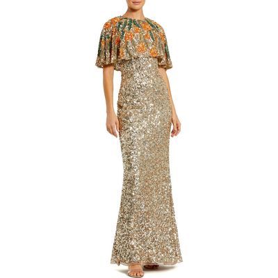 Mac Duggal Mac Duggal Embellished Floral Beaded And Sequin Cape Gown