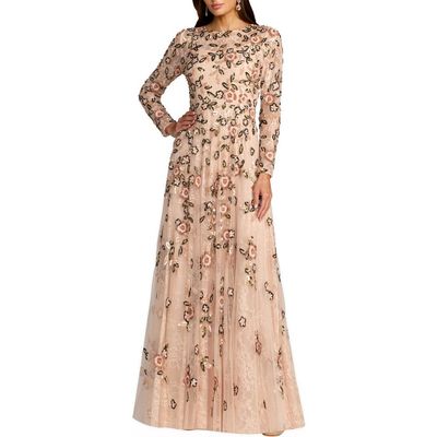 Mac Duggal Mac Duggal Embellished Lace Floral Long Sleeve A-Line Gown