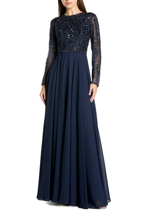 Mac Duggal Mac Duggal Embellished Lace Long Sleeve Gown With Chiffon Skirt