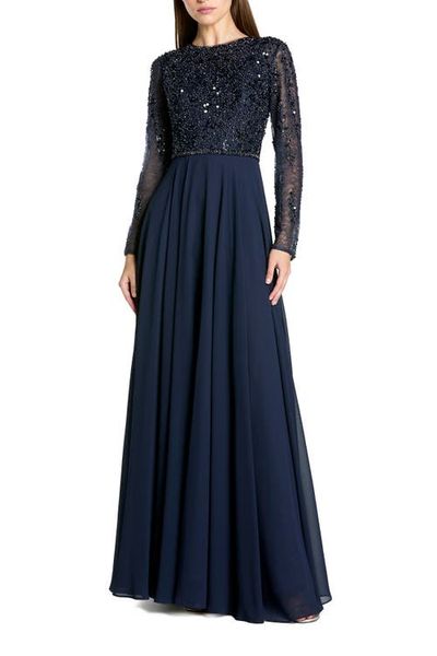 Mac Duggal Mac Duggal Embellished Lace Long Sleeve Gown With Chiffon Skirt