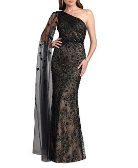 Mac Duggal Mac Duggal Embellished Lace One Shoulder Gown With Cape Sleeve