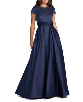 Mac Duggal Mac Duggal Embellished Satin Cap Sleeve Gown With Pockets
