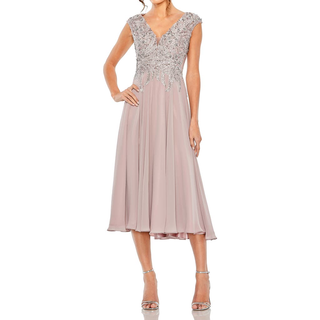 Mac Duggal Mac Duggal Embroidered Beaded Midi Dress with Cap Sleeves