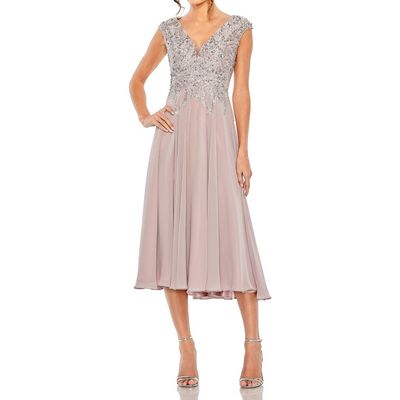 Mac Duggal Mac Duggal Embroidered Beaded Midi Dress with Cap Sleeves