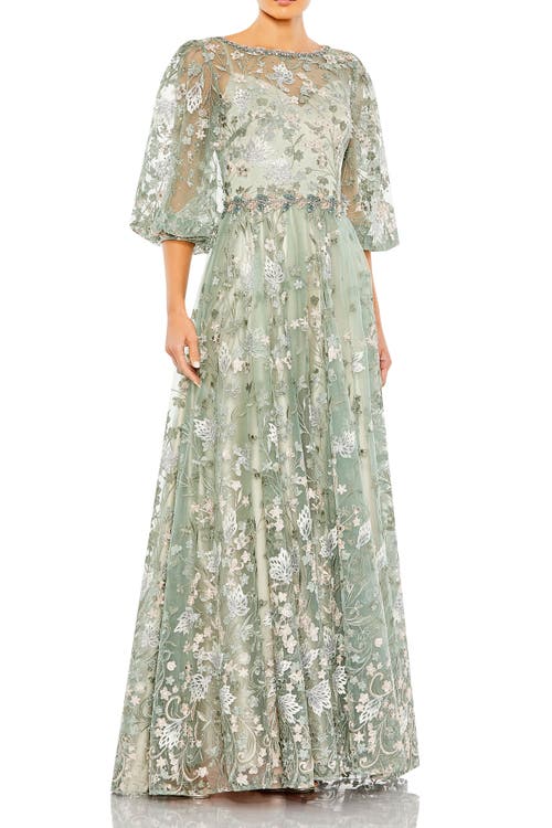 Mac Duggal Mac Duggal Embroidered High Neck A-Line Gown With 3/4 Puff Sleeves