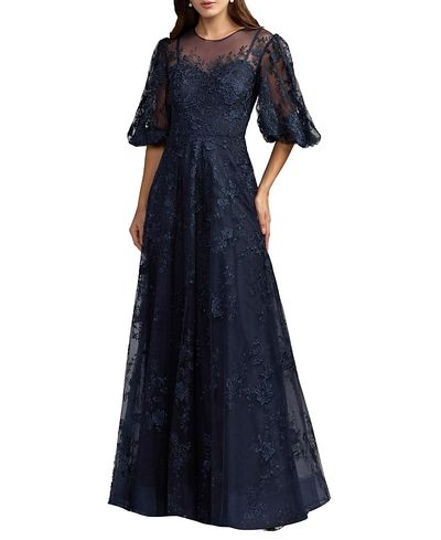 Mac Duggal Mac Duggal Embroidered Illusion Neck Puff Sleeve A-Line Gown