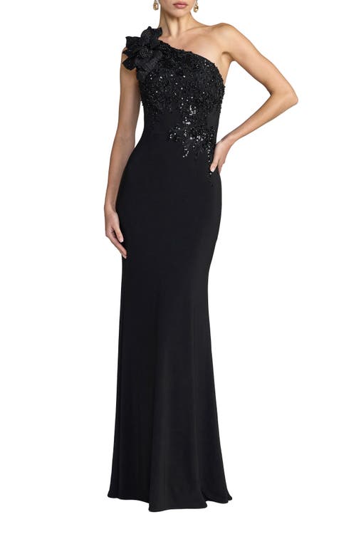 Mac Duggal Mac Duggal Embroidered Jersey One Shoulder Gown with 3D Flower