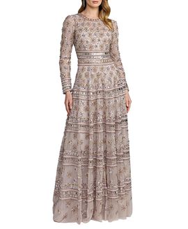 Mac Duggal Mac Duggal Embroidered Mesh Long Sleeve A Line Gown