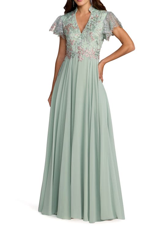 Mac Duggal Mac Duggal Embroidered Top Chiffon Skirt Ruffle Sleeve Gown