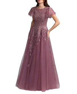 Mac Duggal Mac Duggal Embroidered Tulle Flutter Sleeve Ball Gown