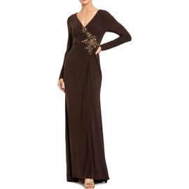 Mac Duggal Mac Duggal Faux Wrap Long Sleeve Appliqué Detail Gown