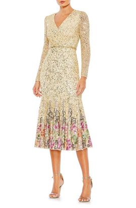 Mac Duggal Mac Duggal Faux Wrap Long Sleeve Tea Length Dress