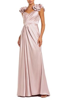 Mac Duggal Mac Duggal Faux Wrap Satin Gown With 3D Flower Straps