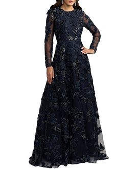 Mac Duggal Mac Duggal Floral Detail Mesh Long Sleeve High Neck Gown