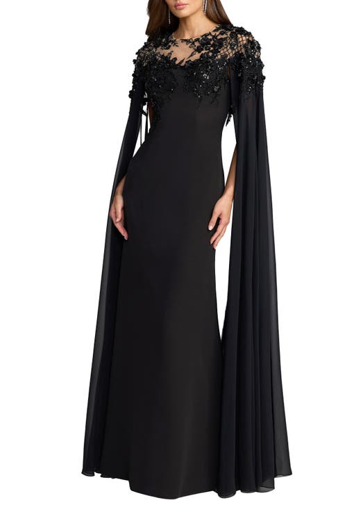 Mac Duggal Mac Duggal Floral Embellished Crepe Gown With Chiffon Cape