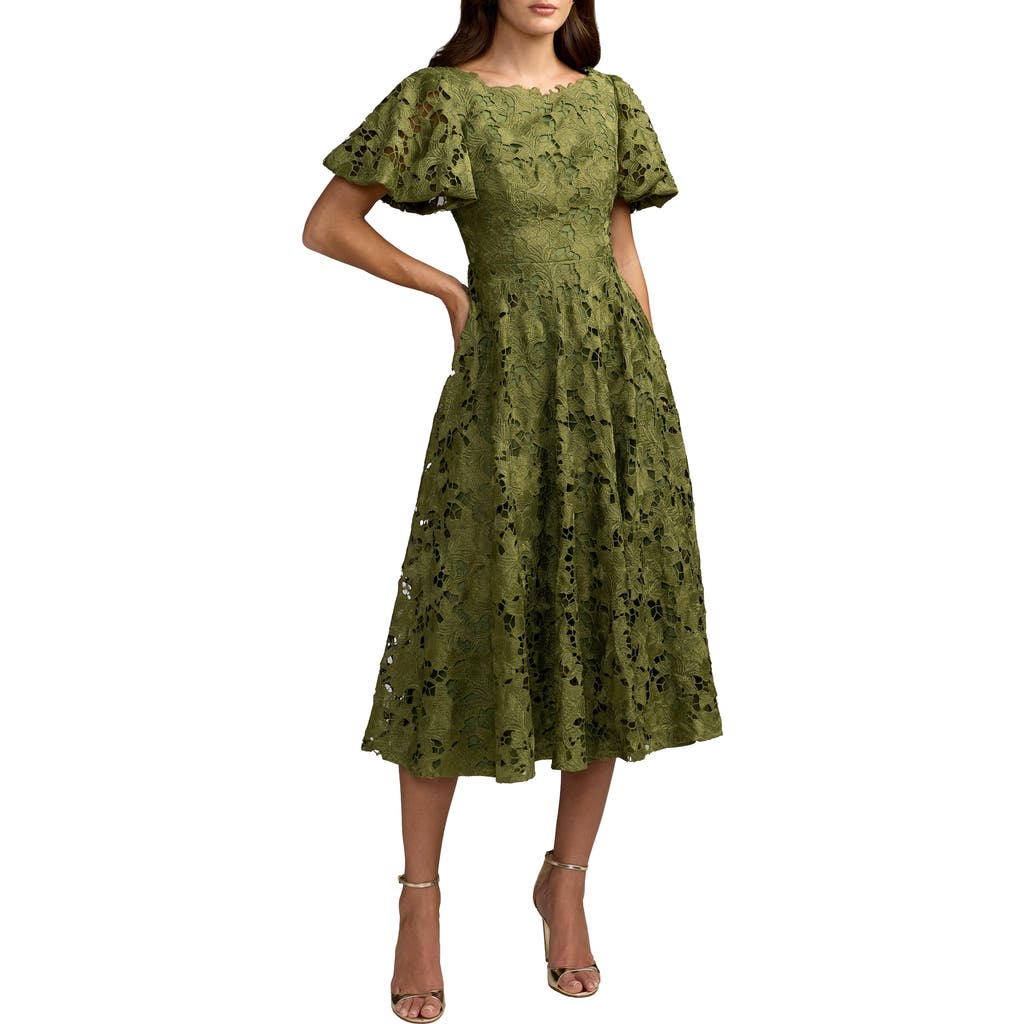 Mac Duggal Mac Duggal Floral Lace Flutter Sleeve Midi Dress