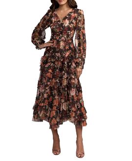 Mac Duggal Mac Duggal Floral Long Sleeve Mirco Ruffle Midi Dress