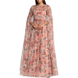 Mac Duggal Mac Duggal Floral Mesh High Neck Cape Sleeve Ruffle Gown