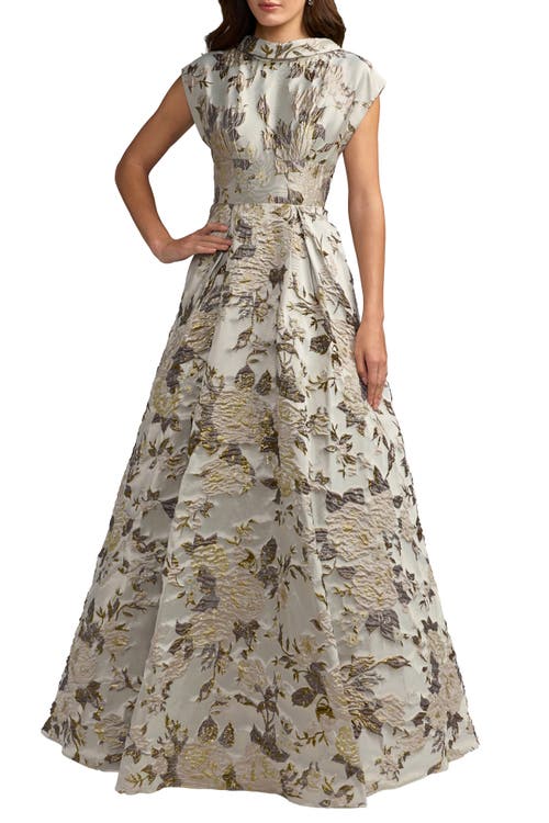 Mac Duggal Mac Duggal Floral Mock Neck Brocade Cap Sleeve Ball Gown