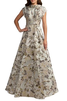 Mac Duggal Mac Duggal Floral Mock Neck Brocade Cap Sleeve Ball Gown