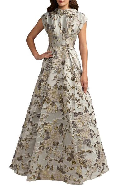 Mac Duggal Mac Duggal Floral Mock Neck Brocade Cap Sleeve Ball Gown
