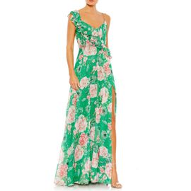 Mac Duggal Mac Duggal Floral Print Ruffled Wrap Over A Line Gown