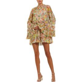 Mac Duggal Mac Duggal Floral Ruffled Flare Long Sleeve Tiered Mini Dress
