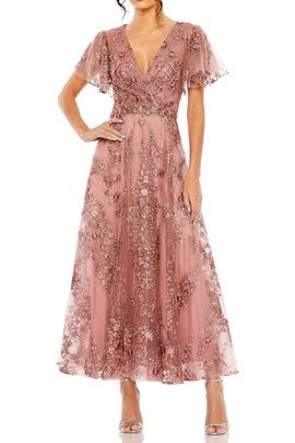Mac Duggal Mac Duggal Flutter Sleeve Faux Wrap V Neck Embellished Tea Length Dress