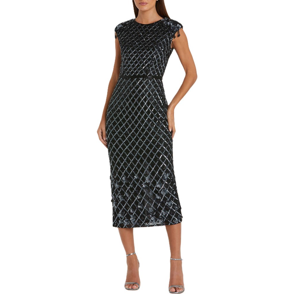 Mac Duggal Mac Duggal Fringe Detailed High Neck Cap Sleeve Midi Dress