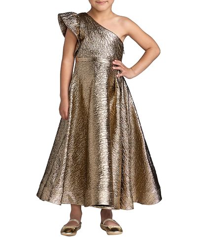 Mac Duggal Mac Duggal Girls' One-Shoulder Metallic A-Line Maxi Dress