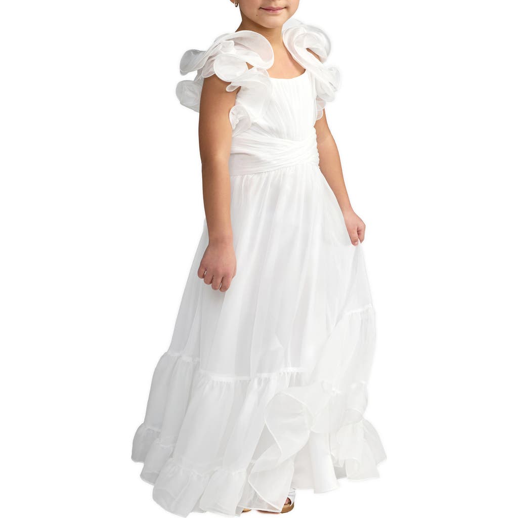 Mac Duggal Mac Duggal Girls Solid Chiffon Ruffle Shoulder Dress