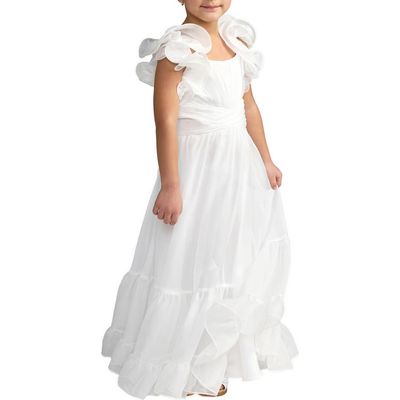 Mac Duggal Mac Duggal Girls Solid Chiffon Ruffle Shoulder Dress