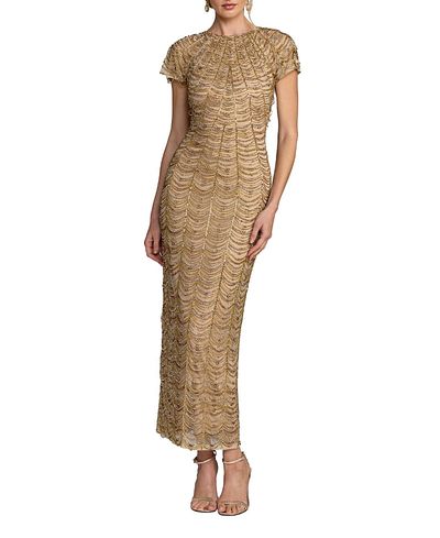 Mac Duggal Mac Duggal High Neck Cap Sleeve Beaded Mesh Ankle Dress