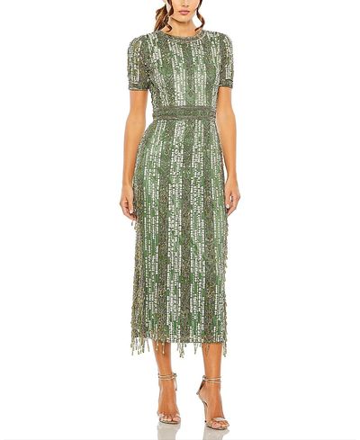Mac Duggal Mac Duggal High Neck Short Sleeve Crystal Fringe Column Dress
