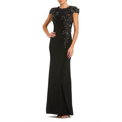 Mac Duggal Mac Duggal Jersey Cap Sleeve Fitted Gown With Beaded Flowers