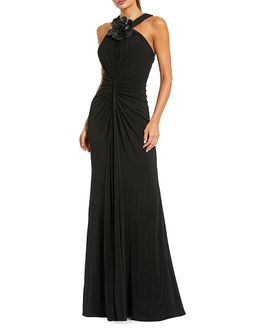 Mac Duggal Mac Duggal Jersey Halter Gown with Floral Applique