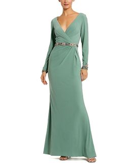 Mac Duggal Mac Duggal Jersey Long Sleeve V Neck Gown with Beaded Belt