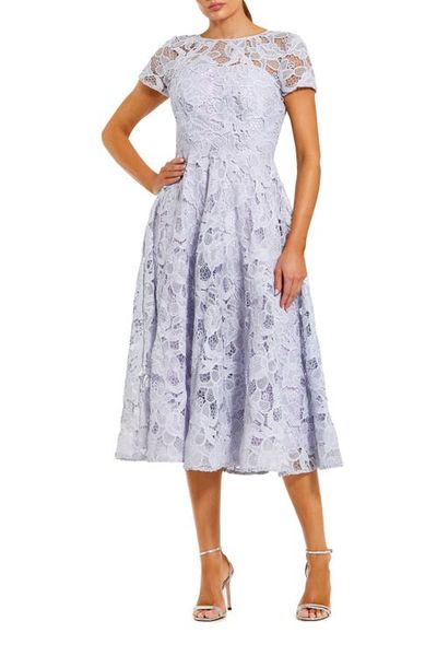 Mac Duggal Mac Duggal Lace Short Sleeve A Line Midi Dress With Bow